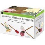 Assorted Wood Handle Silicone Kitchen Cooking Utensils in a Countertop Display