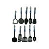 Nylon kitchen utensils with blue and silver handles, assorted